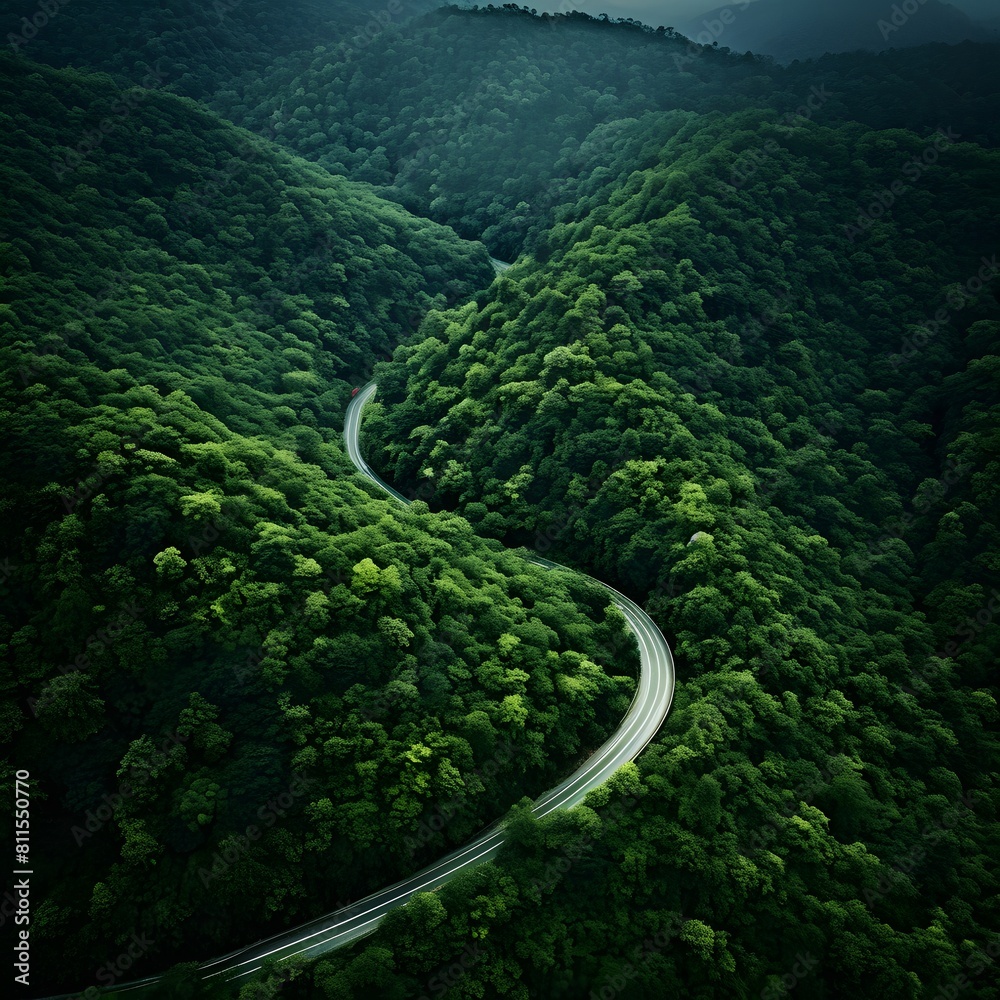 Top view mountain road in green forest. Generative AI. Top view mountain road in green forest. Generative AI.