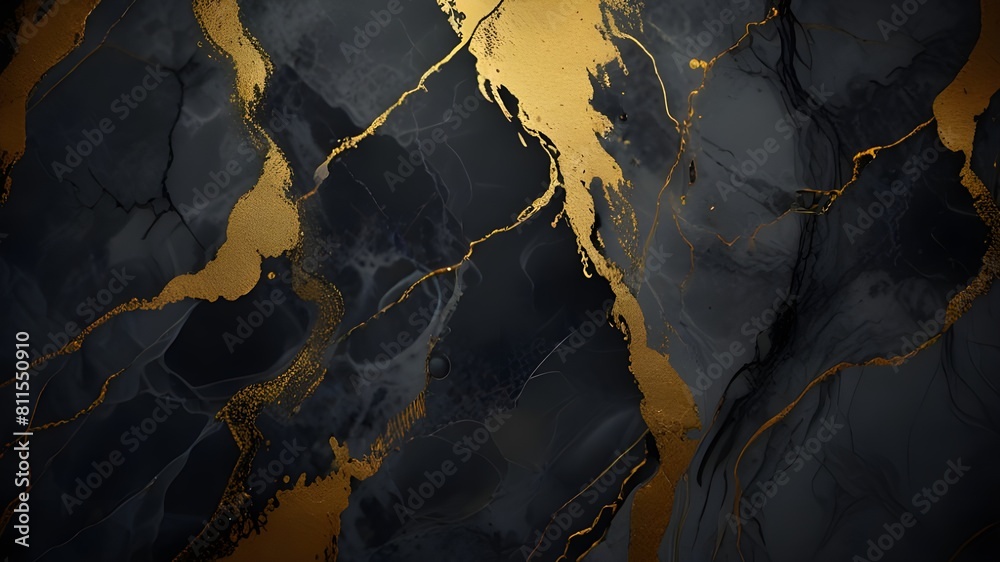 Abstract background, golden marble ink texture on dark grey Generative AI 