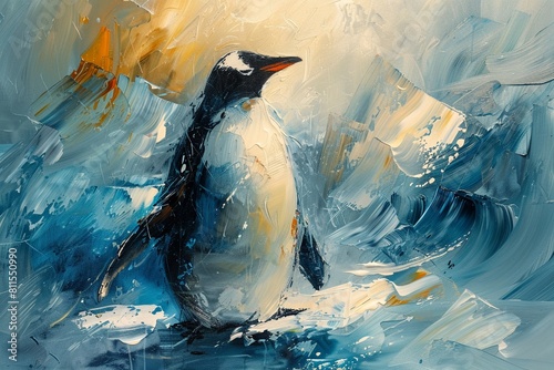 Abstract oil painting of a penguin  palette knife technique  serene concept with cold color tones  ice and freeze atmosphere