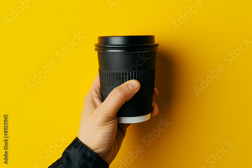 A person holding a black coffee cup on a yellow background. photo