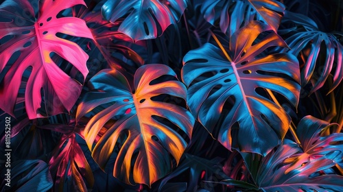 neon tropical monstera leaf banner