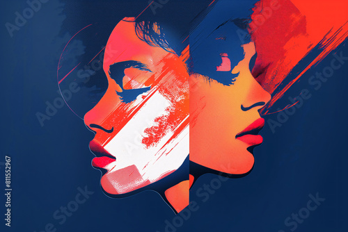 Portrait of a woman with two faces in blue and red colors