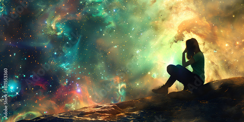 A woman sits on a stage in front of a starry sky with the words the universe on the bottom. 