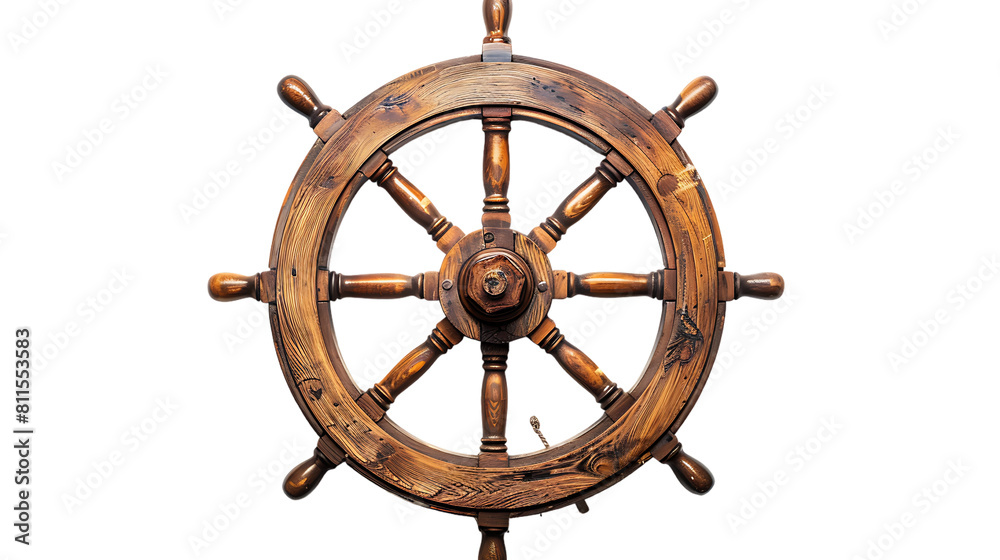 Antique wooden ship wheel isolated on transparent background 