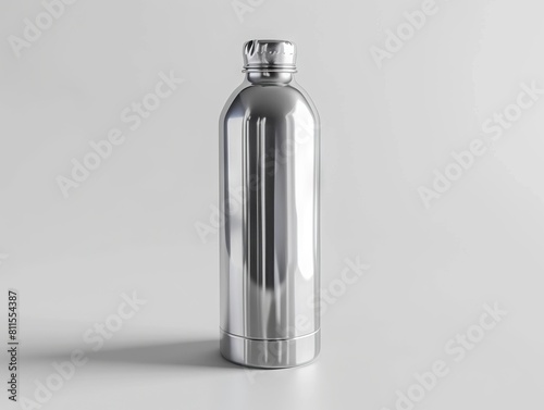 A stainless steel water bottle on a white surface.