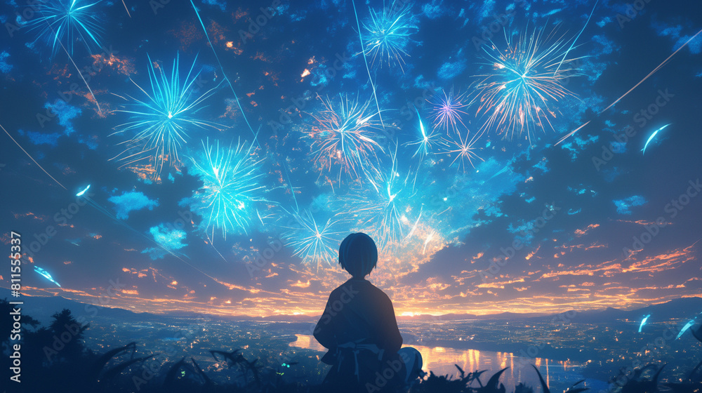 man meditating in the lotus position, anime illustration of a man meditating as the sky lights up with fireworks, summer skies,