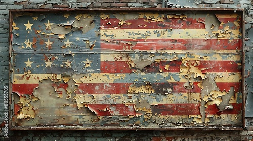 The US flag depicted as a piece of weathered street graffiti on an abandoned factory  showcasing a blend of history and modern art.