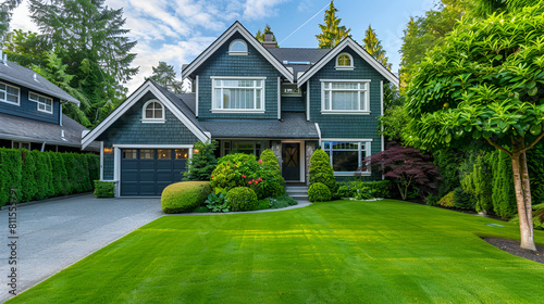 
Exterior of estate style home on large landscaped lot with winding driveway expansive patio chicken coop and gardens full of flowers,Beautiful new home exterior with covered porch and green grass


