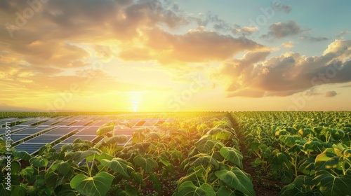 Dawn of Renewable Energy Solar Panels Amidst Crop Fields 