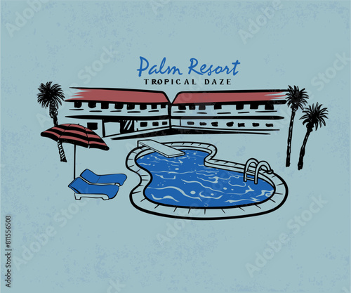 retro palm spring vector art, summer island resort vector design for graphic print, summer vintage pool drawing
