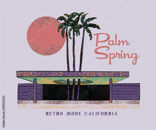 Retro vintage palm spring motel vector illustration, colorful summer vacation artwork for t shirt, sticker, poster, graphic print, summer resort vector