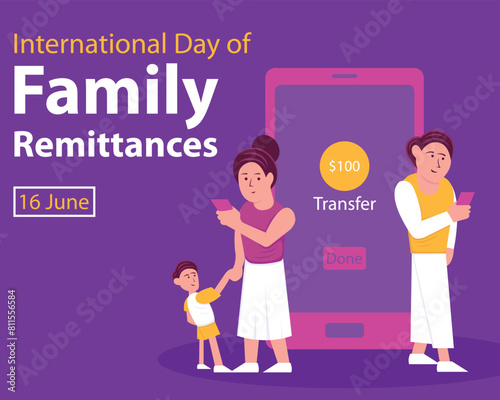 illustration vector graphic of a father transfers money to his wife and children via smartphone, perfect for international day, family remittances, celebrate, greeting card, etc.