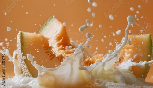 Surreal slow motion shot of cantaloupe pulp mixing with milk, framed with significant negative space for creative ad layouts