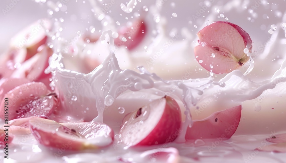 Slow motion video of rose apple slices falling into a bowl of milk, creating elegant splashes against a white negative space Slow motion video of rose apple slices falling into a bowl of milk, creating elegant splashes against a white negative space
