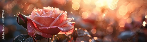 A closeup of a dewcovered rose at sunrise, with droplets sparkling in the morning light #811557144