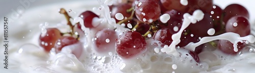 Slow motion video of grapes falling into a bowl of milk, creating elegant splashes against a white negative space photo