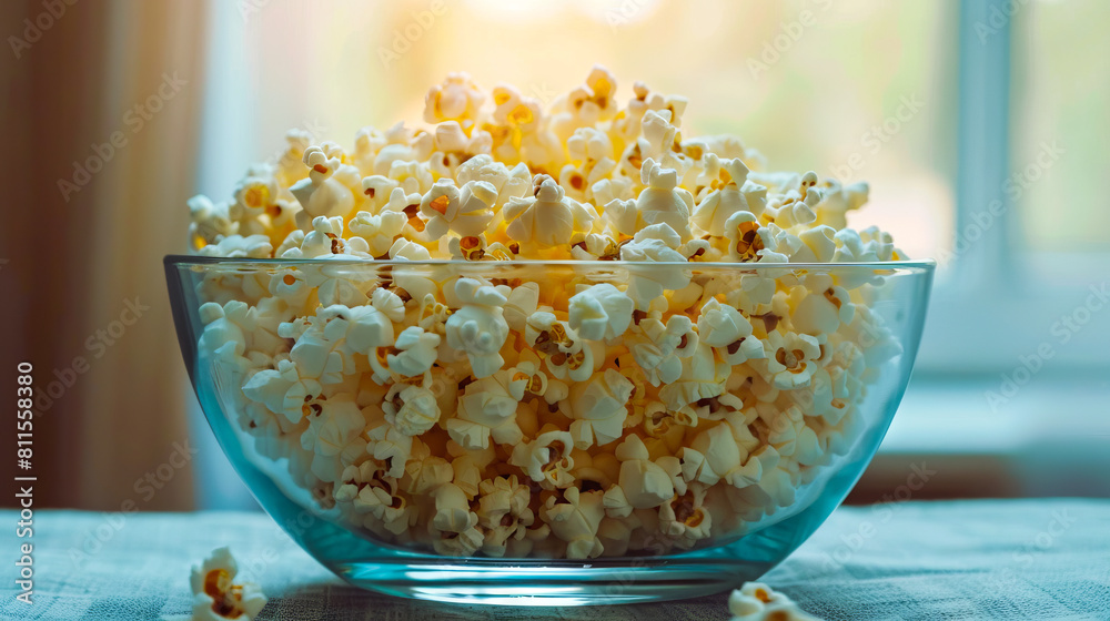 A bowl of popcorn on a table. A bowl of popcorn on a table.