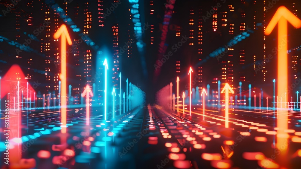 Futuristic Digital Market Graph with Upward Trend Arrows in Neon City Lights Futuristic Digital Market Graph with Upward Trend Arrows in Neon City Lights