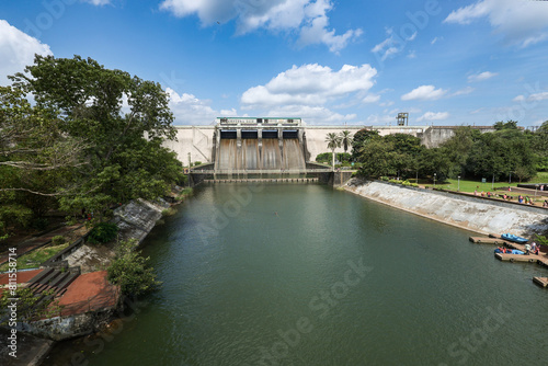 Ropeway in Kerala India. Malampuzha dam view at Palakkad district Kerala South India. Boating at Malampuzha garden hydroelectric dam. Photo taken form ropeway Ariel view of Indian dam. 