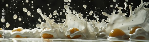 Highspeed footage of longans and milk interacting, creating a splash against a minimalist negative space background
