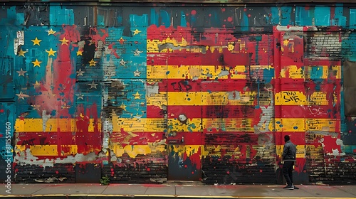 The US flag in pop art graffiti style, with exaggerated forms and vibrant color blocks on a downtown building facade. photo