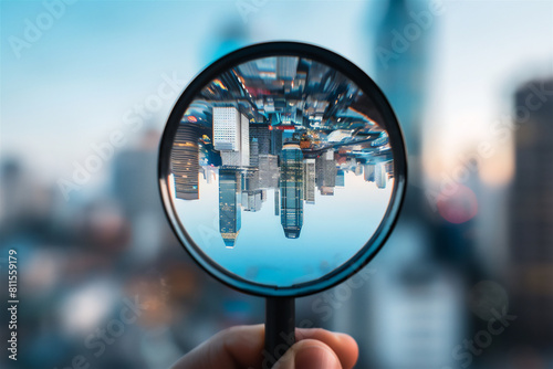 magnifying glass on the background of the city