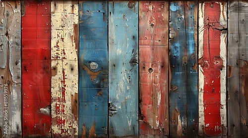 The US flag painted on old barn wood, with weathered red, white, and blue paint peeling off to reveal the textured wood beneath.
