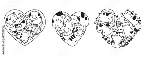 Heart Cute cats doodle, hand drawn vector