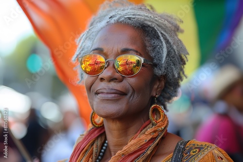 Happy black senior gay lesbian woman celebrating pride festival parade with a rainbow flag on a sunny summer day. Candid gay pride celebrations with inclusive and diverse homosexual mature people