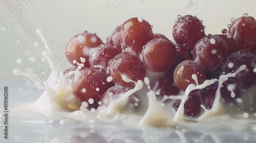 Elegant slow motion sequence of grapes submerging in milk, set against a subdued negative space for visual impact