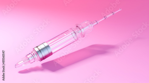 A syringe with a vaccine against diseases on a pink background. photo