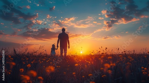 Aurora, rear view of father and child holding hands, back view, silhouette, happy father's day，Silhouette of Happy Father and Child Holding Hands in Serene Back View | 4K HD Wallpaper