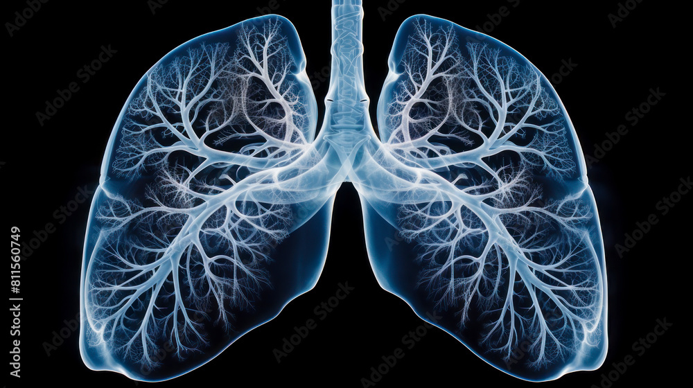Human lungs on X-ray, human bones on a dark background. Human lungs on X-ray, human bones on a dark background.