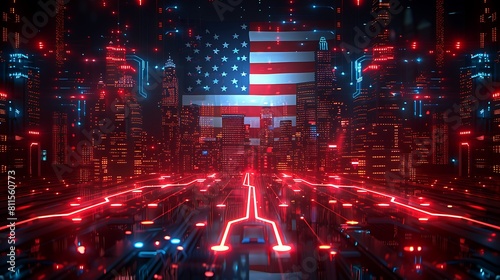 The US flag reimagined as a neon circuit board, with flowing currents in red, white, and blue lighting up a tech cityscape.