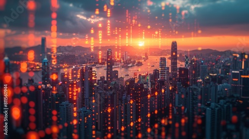 Futuristic cityscape with financial graphs  dynamic evening view