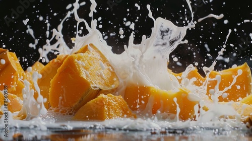 Dynamic slow motion shot of pumpkin pieces hitting the surface of milk  framed with expansive black negative space