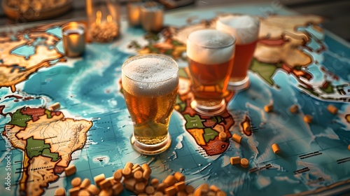 Beer Glasses on World Map Celebrating and Adventure photo