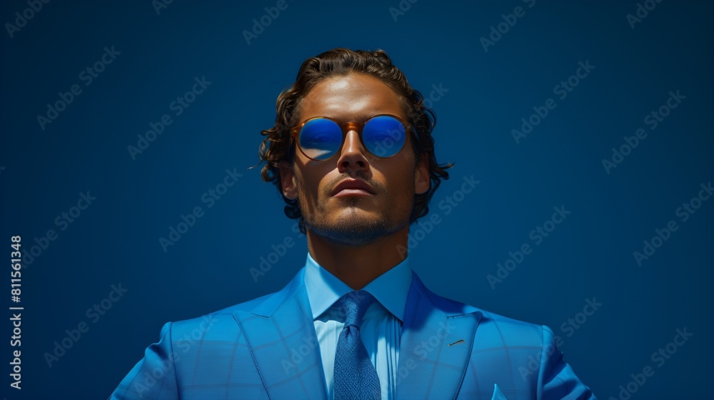 Obraz premium Male fashion model - fashion shoot - wearing a high-end business suit - quirky charm - eccentric vibe - intense expression - magazine shoot - blue background 