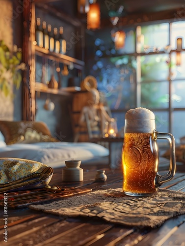 Cozy Pub Interior with Vintage Beer Mug and Rustic Decor