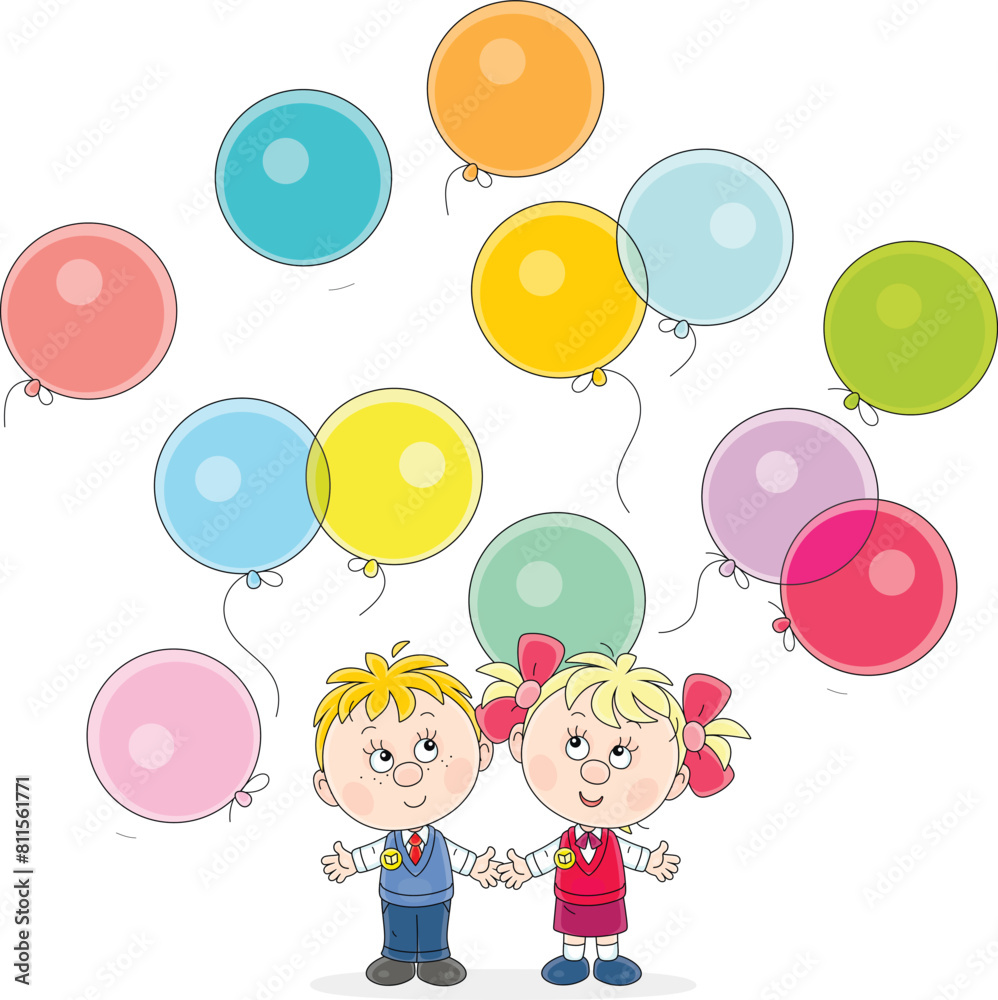 Happy little girl and boy friendly smiling and releasing colorful holiday balloons into the air, vector cartoon illustration isolated on a white background