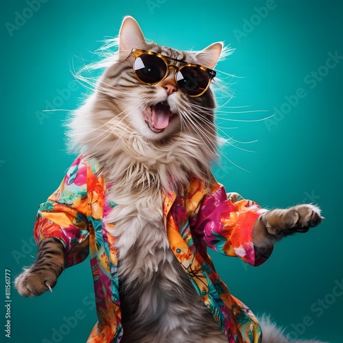 Cat wearing colorful clothes and sunglasses dancing. Generative AI.