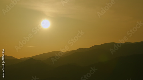 Sunrise In Mountains. Sunlight Landscape. Vibrant Dramatic Sky On Sunrise. Real time.