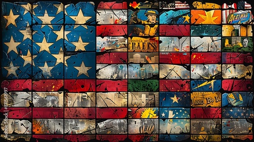 The US flag rendered in a series of comic book frames, each stripe zooming into a different iconic American scene, drawn in vibrant inks.
