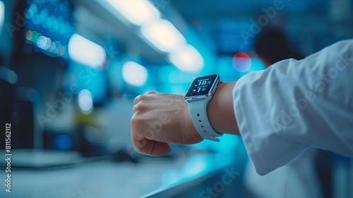 A health monitoring wristband transmitting patient data to a doctors smartphone, an example of IoT in healthcare photo