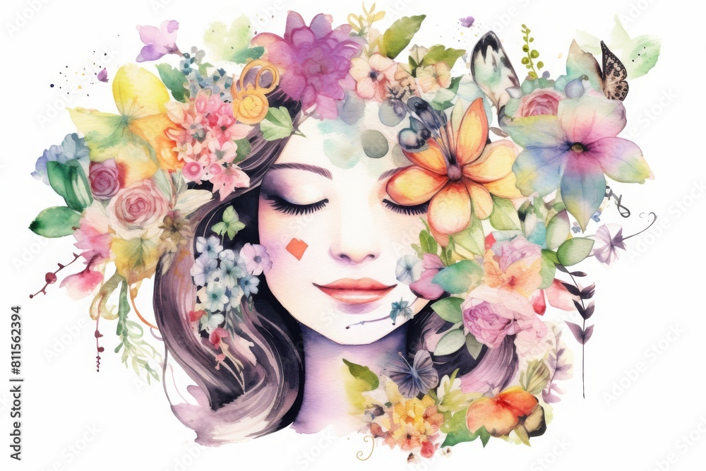 Watercolor image of a beautiful young woman's face with her eyes closed and decorated with colorful flowers on her head. For design, white background image.