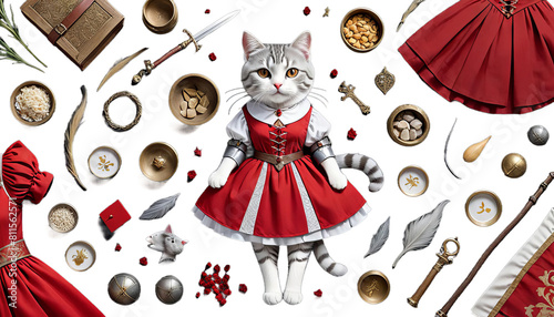 tabby cat style fantasy dress red aring medieval illustration white studio master gift serious vintage eye cinematic royals idea animal cute lighting clothes birthday breed king classical painting