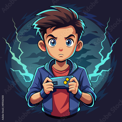 boy with game controller realistic image, retro style, dark background with lightning strike