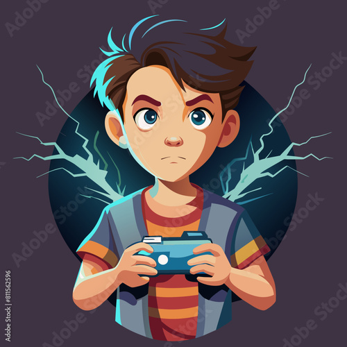 boy with game controller realistic image, retro style, dark background with lightning strike