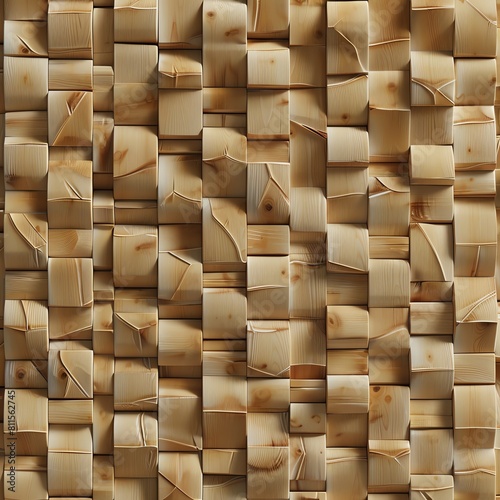 Create a 3D visualization of a wooden wall made of interlocking blocks of light pine