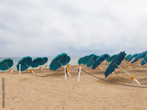 Bowed umbrellas stand on the beach. photo